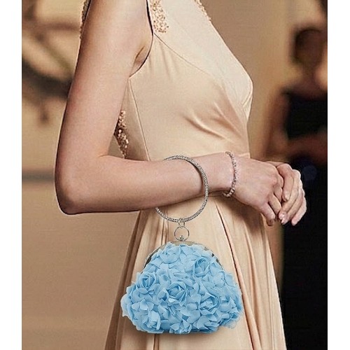 Evening Bags Wholesale - Blue Chiffon Rosettes w/ Rhinestone Ring Wristlet Evening Bag - BG-100187BL